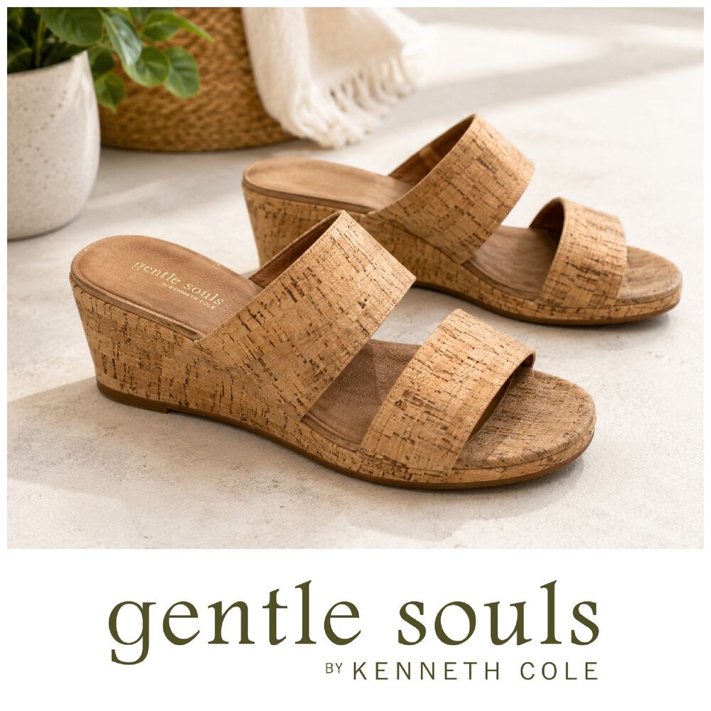 Gentle Souls Gisele Sz 10 Cork Two Strap Wedge Slide Sandals Kenneth Cole